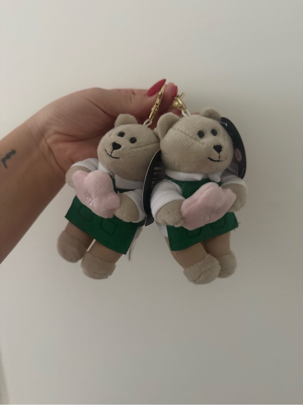 Pair of Starbucks Beige Plush Bear Keychain with Green Apron and Pink Heart
